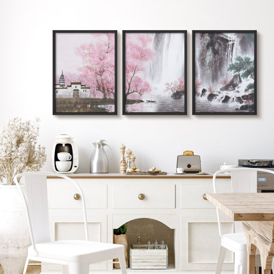 «Pink Cherry Blossom By The Waterfall Landscape», reproduction d'art encadrée, affiche, petit art mural