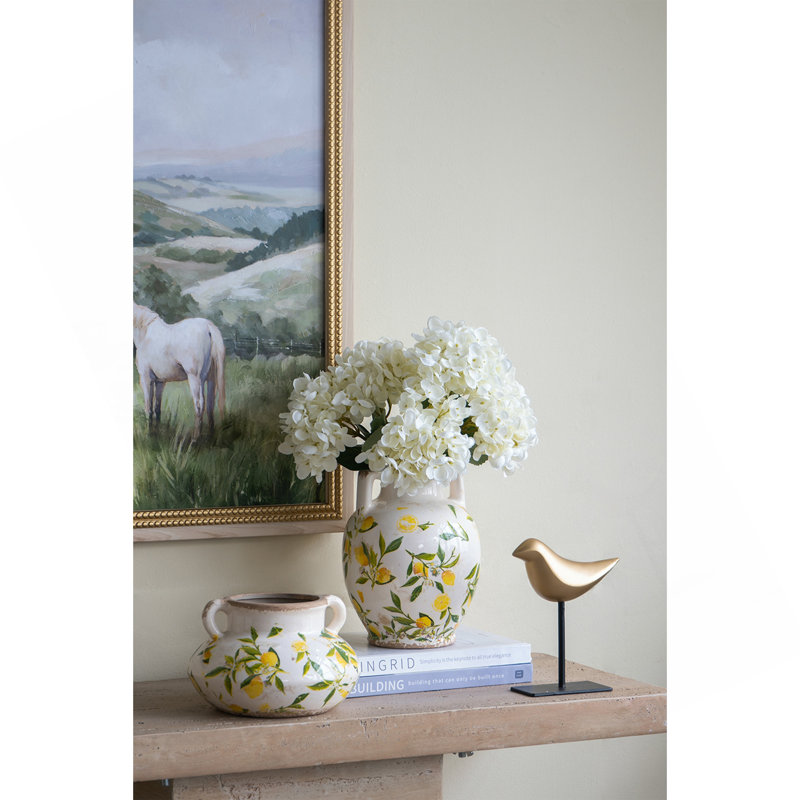Vase en céramique 6,7 x 6,7 x 8,7 po avec motif jaune citron et petites poignées
