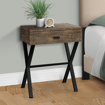Table d'appoint, côté, bout, table de chevet, lampe, tiroir de rangement, salon, chambre à coucher, stratifié brun, métal noir, contemporain, moderne