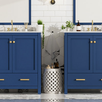 Ensemble de meuble-lavabo 60 po avec lavabos doubles (séparés), lavabos doubles en céramique, tablette de rangement et tiroirs séparés (miroir non inclus) - Solution de salle de bain moderne pour salles de bain spacieuses, meuble-lavabo