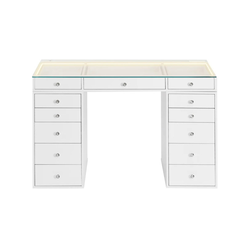 Coiffeuse de maquillage Slaystation Radiant Plus 2.0 avec lumière DEL et plateau en verre transparent, 13 tiroirs