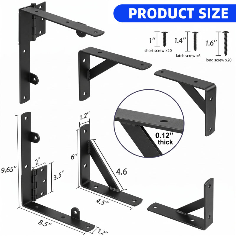 Ensemble de quincaillerie en acier noir de 3 mm: 2 supports, charnières et loquet anti-affaissement
