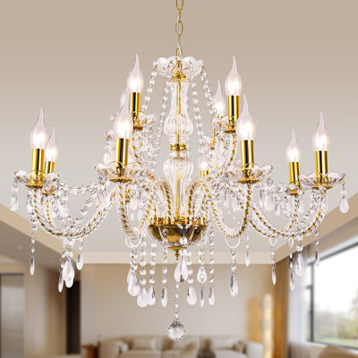 15 Light K9 Crystal Glass Chandelier Golden 15 E12 Bulbs Required | Golden crystal shade, adjustable hanging height, solid metal frame, classic European home decorative light fixture