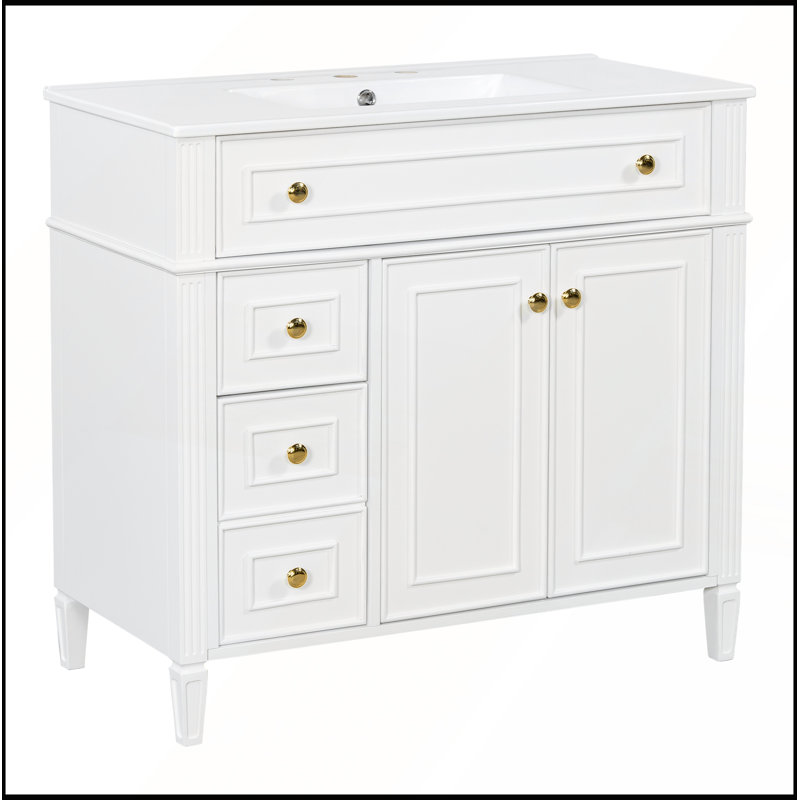 Meuble-lavabo de 36 po avec lavabo, armoire en bois massif blanc, tiroir rabattable, 3 tiroirs, 2 portes à fermeture en douceur, poignées dorées, design moderne, deux ensembles