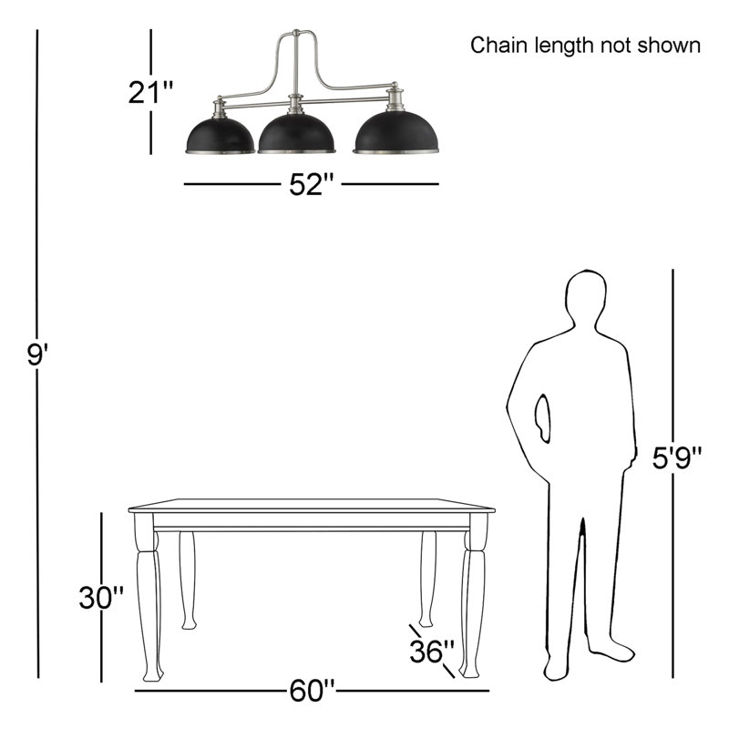 Luminaire suspendu linéaire à 3 lumières pour îlot de cuisine Enola, Nickel brossé / noir