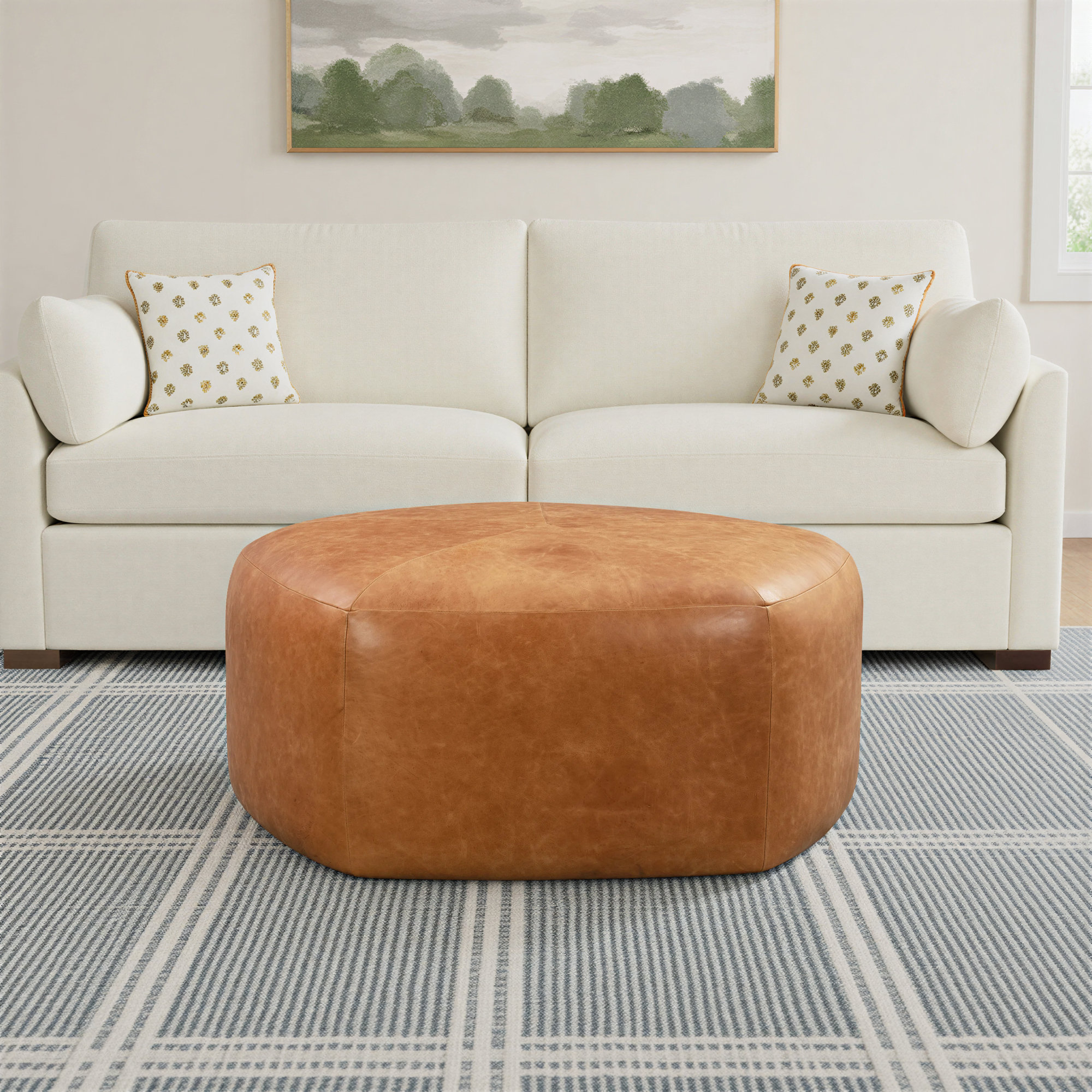 Felicia 37" Wide Full Grain Genuine Italian Leather Ottoman, Cognac Tan Genuine Leather