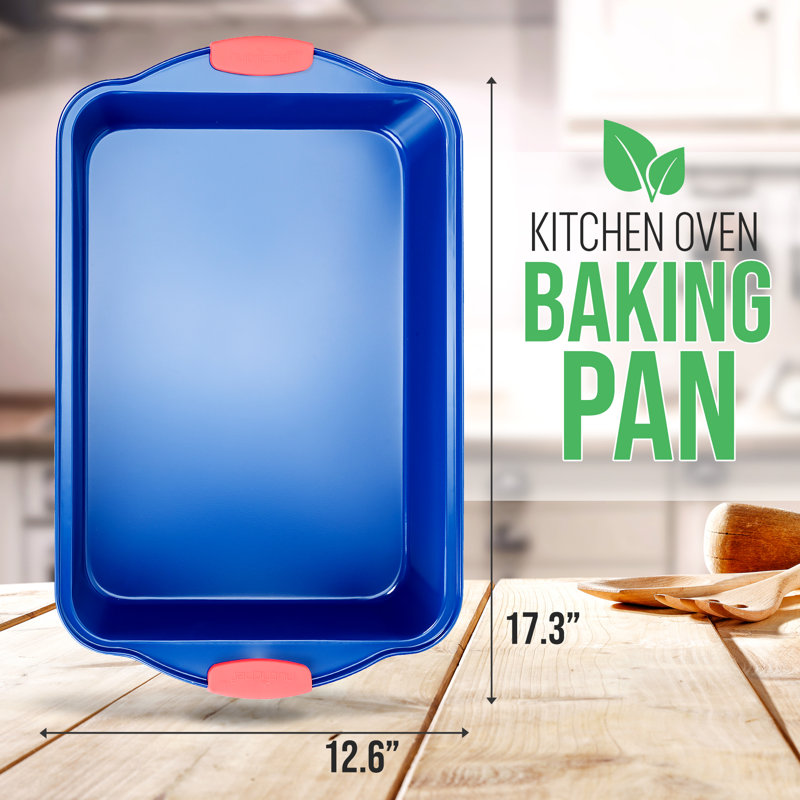 NutriChef 18" Blue Non-Stick Carbon Steel Loaf Pan with Red Silicone Handles