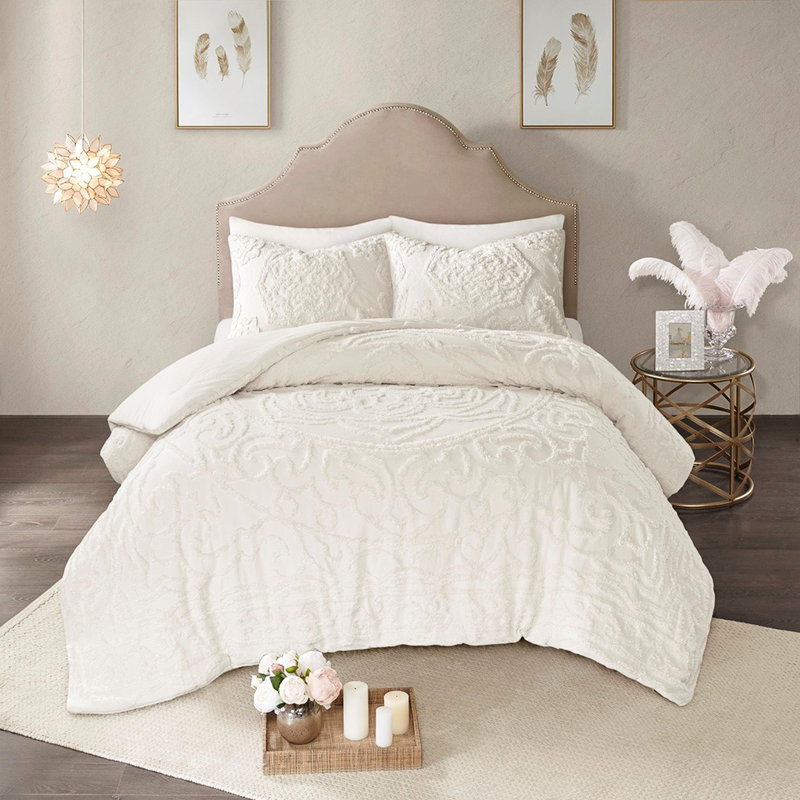 Édredon toutes saisons très grand / très grand avec motif de médaillon en chenille de coton pour les saisons, Blanc cassé