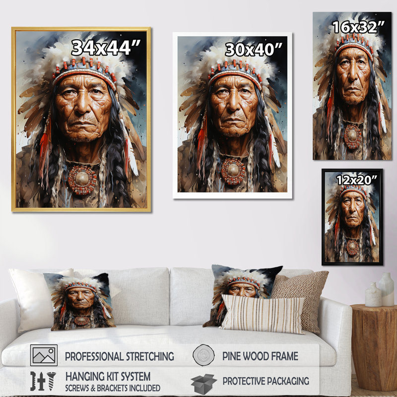 Portrait de Lakota amérindien, H 40 po x l 30 po x P 1,5 po, Cadre flottant blanc