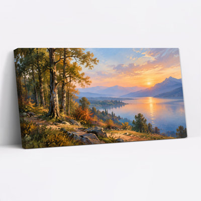 Tableau sur toile représentant des bouleaux et des montagnes au coucher du soleil doré, au bord d'un lac