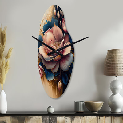 Decadent Pink And Blue Roses III - Rose Curved Metal Wall Clock, Traditional Asymmetrical Wall Clock Print