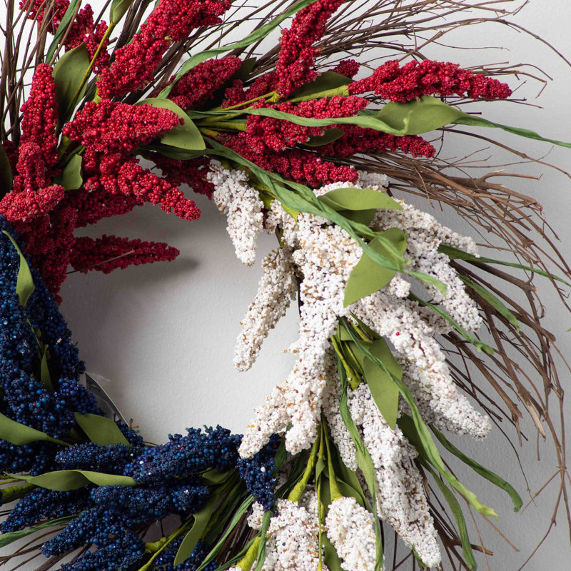 Faux Americana Astilbe Summer Front Door Wreath in Red, White & Blue on Wispy Natural Wreath Base
