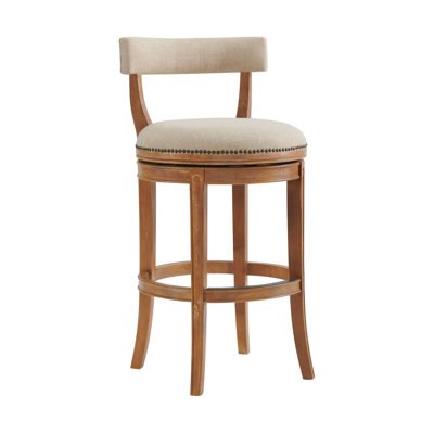 Hanover Swivel Bar Height Stool, Weathered Brown and Beige, Solid Rubberwood Frame with Faux Linen Upholstered Seat, Nailhead Trim, Memory Return Swivel, 20 in. W x 22 in. D x 41 in. H