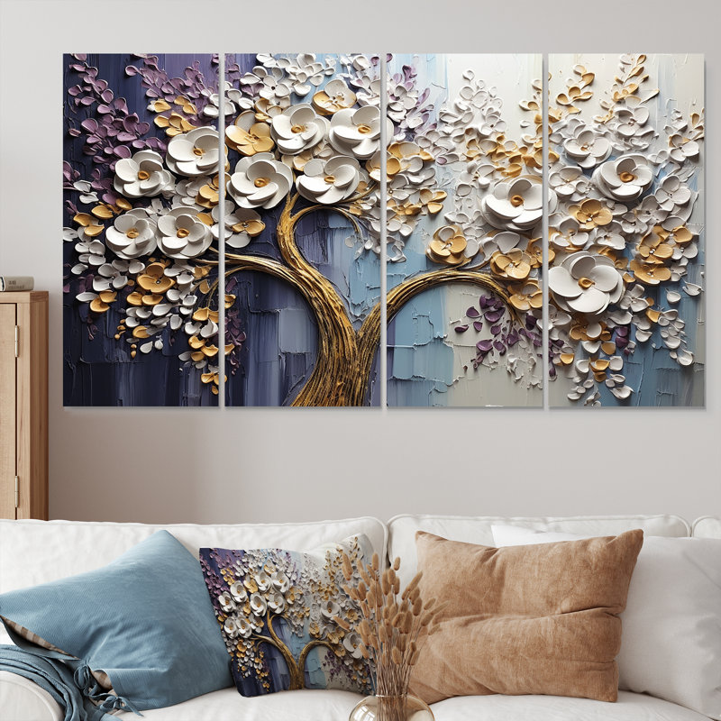 Arbre en fleurs avec fleurs blanches II - ensemble d'art mural floral 4 pièces, H 32 po x l 64 po