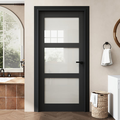 36" x 80" 3-Lite Black Prebuilt Frosted Glass Interior Door Slab, as Prehung Door or Barn Door or Pocket Door or French Door or Sliding Door Slab for Pantry, Laundry, Bedroom, Soundproof & Waterproof, Door Panel w/o Borehole or Hinges