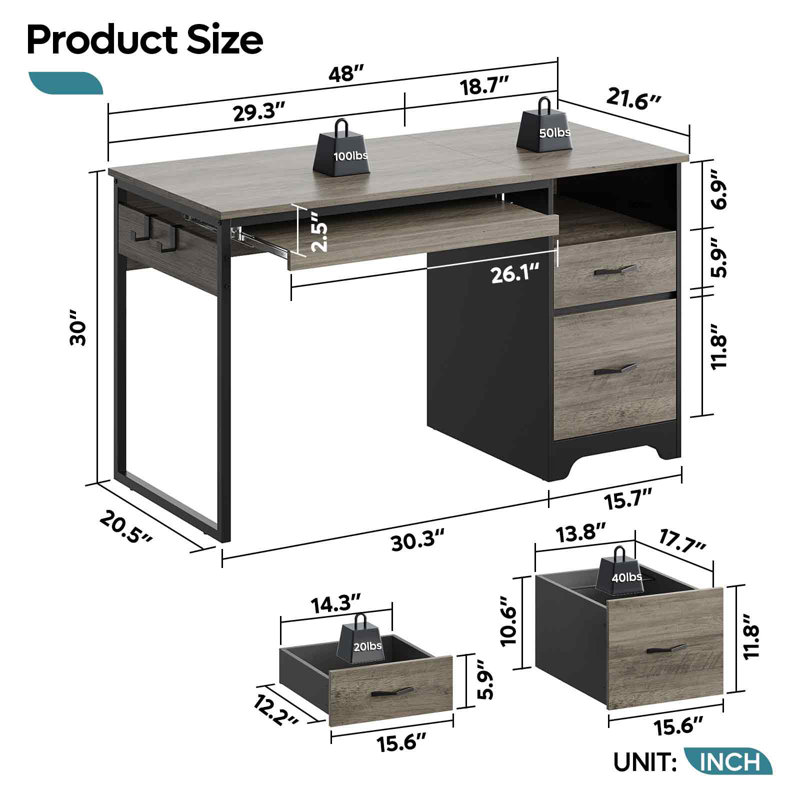 Daylon 48'' Computer Desk with File and Storage Drawers, Writing Desk with Keyboard Tray&Practical Hook and Open Compartments