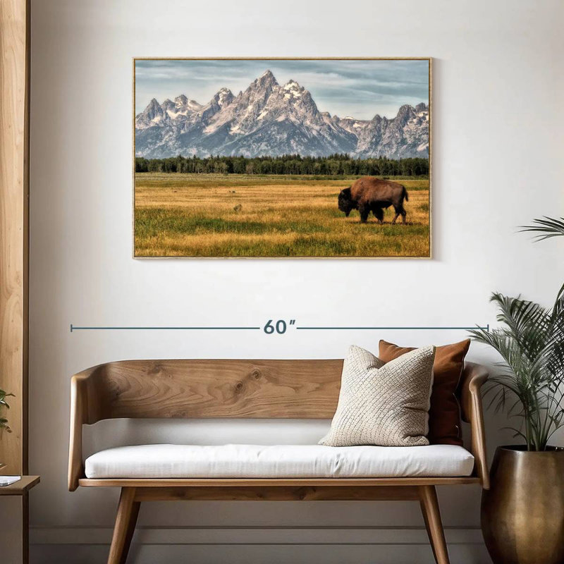 Bull Bison à Grand Teton, Cadre flottant en bois naturel, 43 po x 29 po