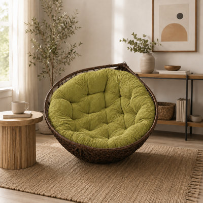 Coussin de chaise rond 47,2 po Papasan, coussin de remplacement en velours côtelé touffeté épais de 4 po avec 4 attaches doubles, coussin de siège rond moelleux pour fauteuil Moon, coin lecture intérieur, salon, chambre à coucher, sièges confortables, coussin de chaise seulement