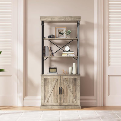 Industrial Tall Bookcase with Doors, Wood & Metal Farmhouse Shelf with Cabinet