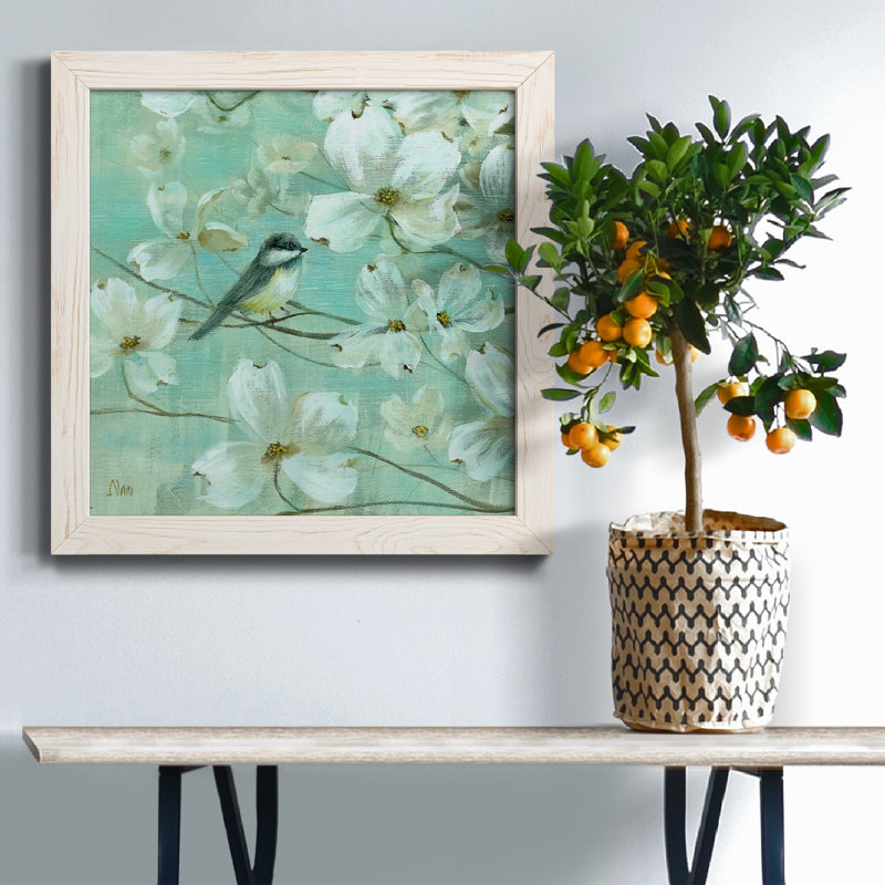 Mésanges et cornouiller - Détail I - Peinture sur toile encadrée, H 17 po x l 17 po x P 1,5 po, Cadre blanc