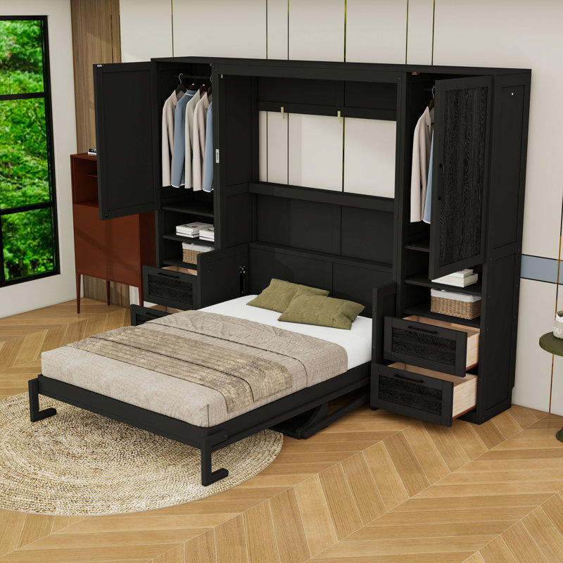 Grand lit escamotable en bois avec tiroirs et tablettes