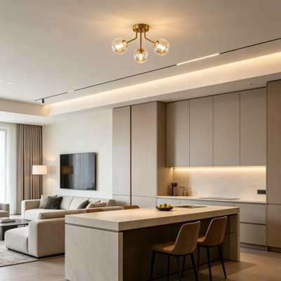 Modern Semi-Flush Mount Sputnik Chandelier, Light Gold Finish With Glass Globe Lampshade