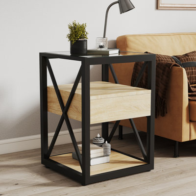 Table de bout moderne avec tiroir, panneau de fibres à densité moyenne en bois naturel et table de chevet en verre trempé | Idée de cadeau