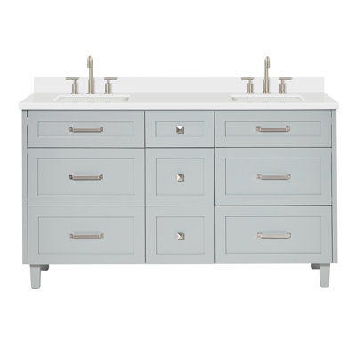 Ariel Monroe 61 Inch Double Rectangular Sink Bathroom Vanity With Pure White Quartz Countertop In White