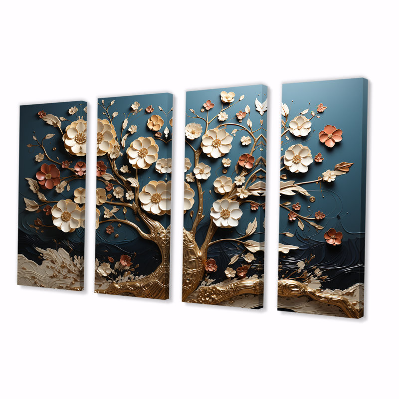 Orchidée blanche et bleue avec fleurs II - ensemble d'art mural 4 pièces, H 32 po x l 64 po