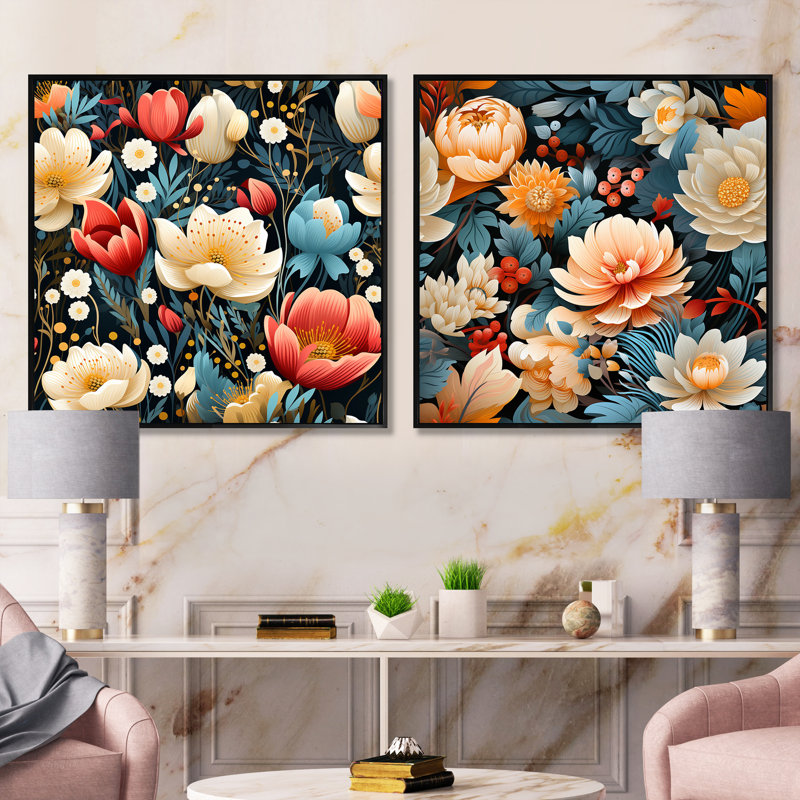 Danville - Ensemble de 2 collages floraux carrés, Cadre flottant noir, H 16 po x l 33 po