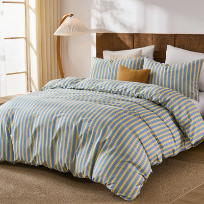 100% Cotton Comforter Set King Size, Blue & Yellow Striped Comforter Set Modern Coastal Style Bedding Set 3 Pieces