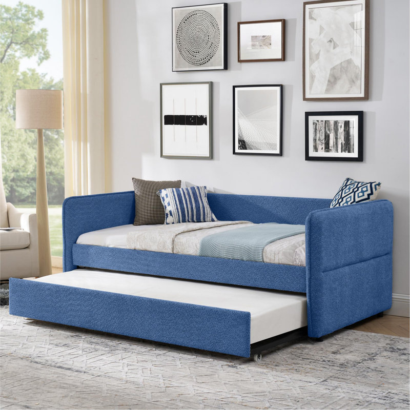 Lit de jour avec canapé-lit tapissier capitonné Popup, taille simple, tissu Boucle, Lit simple, Bleu
