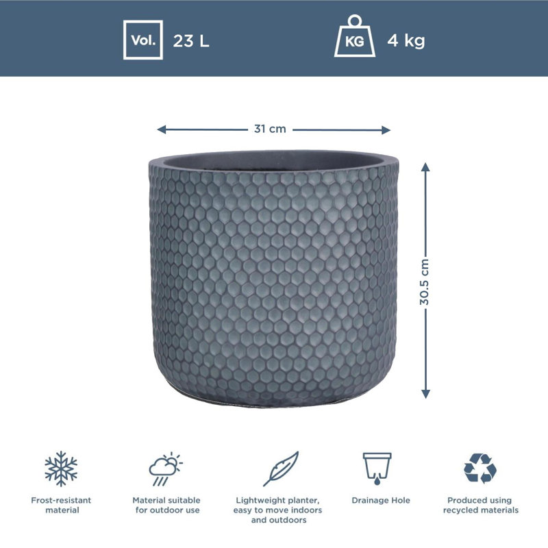 Concrete Effect Frostproof Outdoor Plant Pot, Garden Flower Pot, Round Garden Planter with Drainage Holes, Green Grey Planter with Honeycomb Pattern