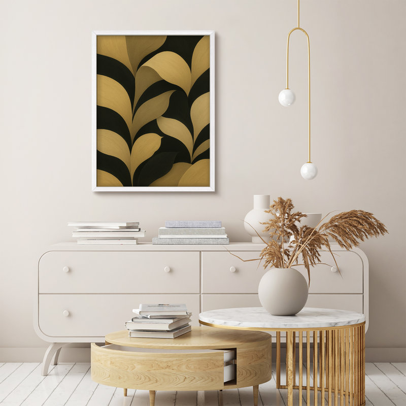 Reproduction d'art encadrée de feuilles abstraites dorées et noires, conception moderne inspirée de la nature pour une décoration intérieure contemporaine