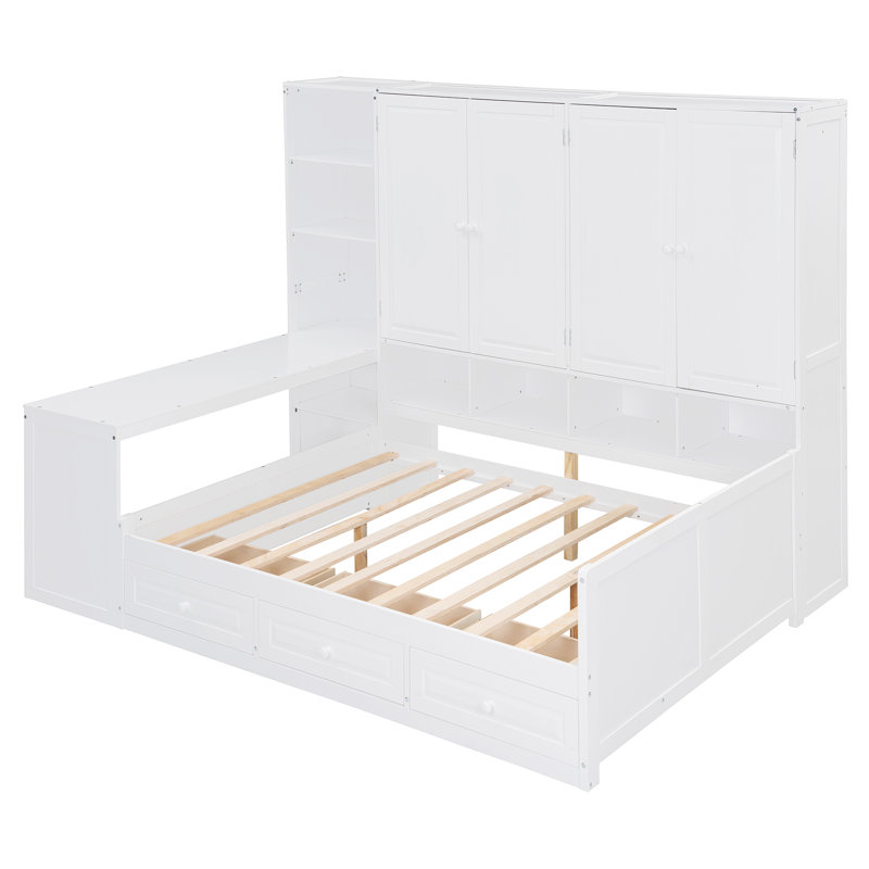 Wooden Daybed With Three Drawers, and All-in-One Cabinet, Desk and Shelves, Full, White
