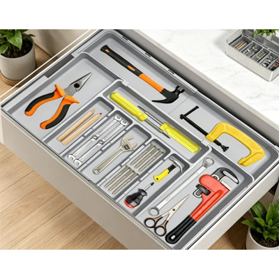 Expandable Kitchen Drawer Organizer Adjustable Utensil Organizer with Rubber Feet Grey