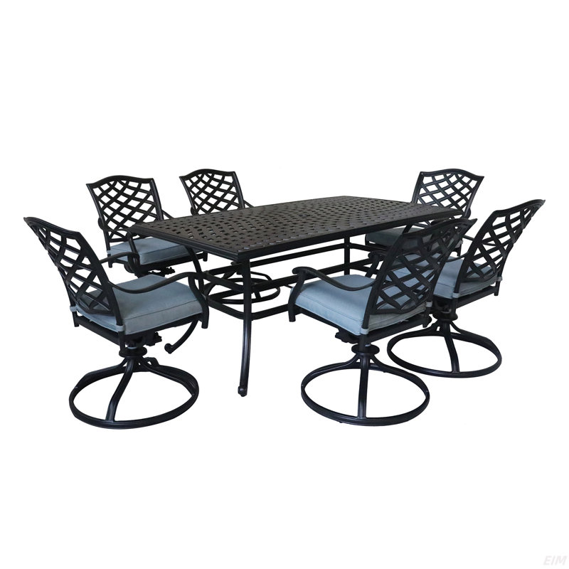 Ensemble de salle à manger rectangulaire en aluminium 7 pièces avec 6 chaises berçantes pivotantes, Bleu clair
