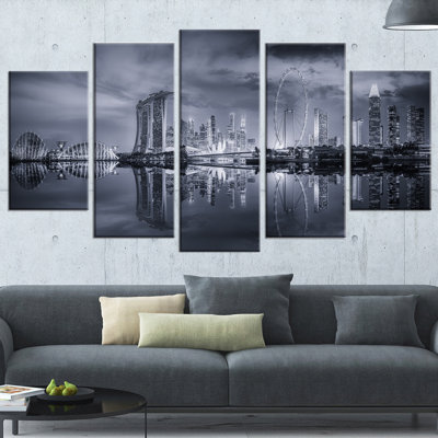 «Black and White singapour Skyline», ensemble de 5 reproductions de photos sur toiles tendues
