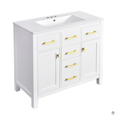 36" Bathroon Vanity With Ceramic Sink Combo Set, Freestanding Single Bathroom Cabinet With 4 Drawers & 2 Cabinets