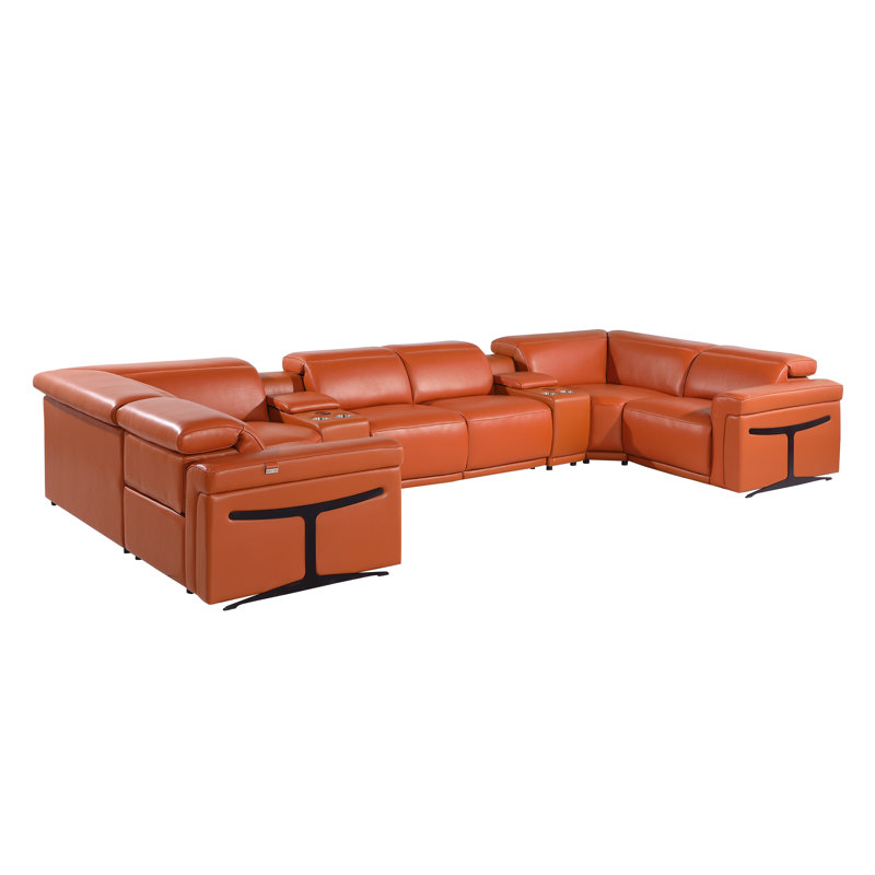 Stanwinn 8 – Piece 2 Power Reclining Top Grain Italian Leather Sectional with Power Headrest, Camel Genuine Leather