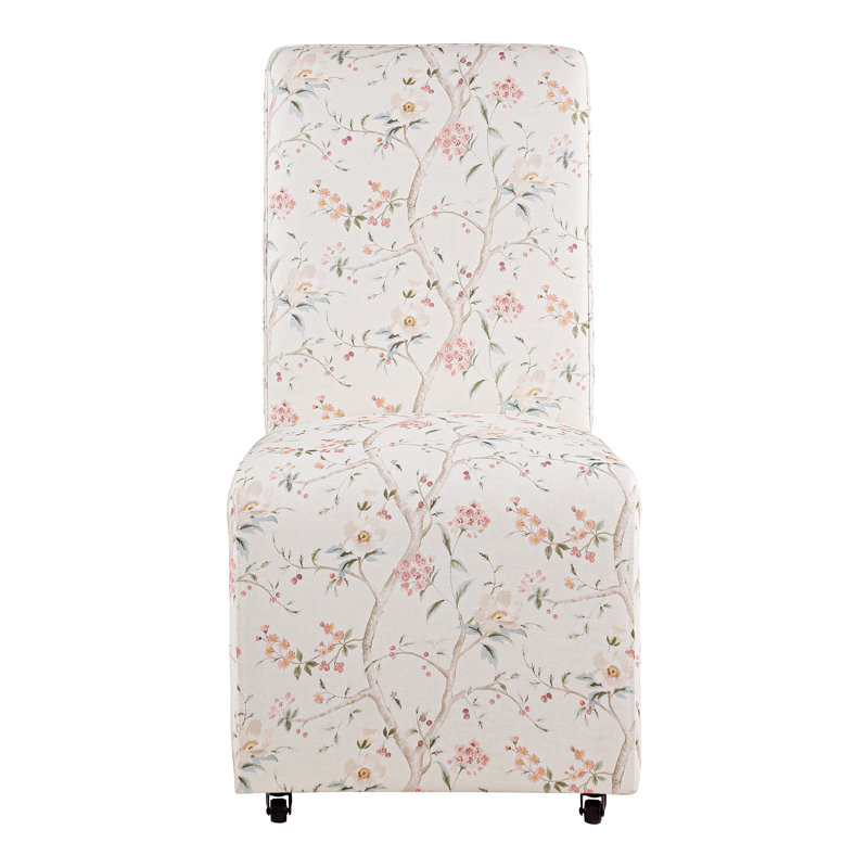 Chaise d'appoint rembourrée Colette avec roulettes, Chinoiserie blanche et rose