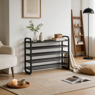 Étagère à chaussures avec étagère de rangement étroite à 5 niveaux, organisateur de chaussures en fer et en plastique durable avec conception à plusieurs couches, étagère d'entrée peu encombrante pour les dortoirs, les appartements et les salons