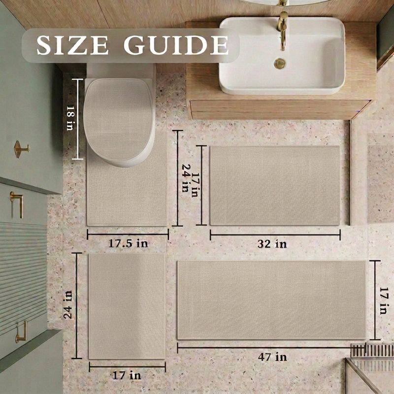 Ensemble de tapis pour salle de bain 5 pièces à aspect lin texturé avec envers antidérapant, Vert