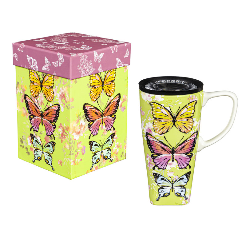 Tasse de voyage en céramique FLOMO 360, 17 oz Avec boîte, papillons