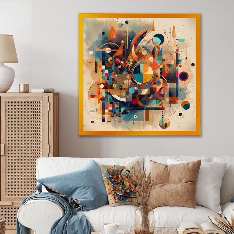 Impression sur toile encadrée géométrique orange rétro V - abstrait géométrique, H 36 po x l 36 po, Encadrement doré