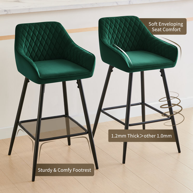 Saarrah 68cm Upholstered Bar Stool with Arms, 2, Green Velvet