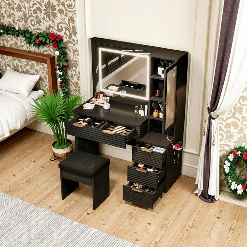 Meuble-lavabo cannelé 43,5 po avec miroir DEL, station de charge, 5 tiroirs et tabouret de rangement