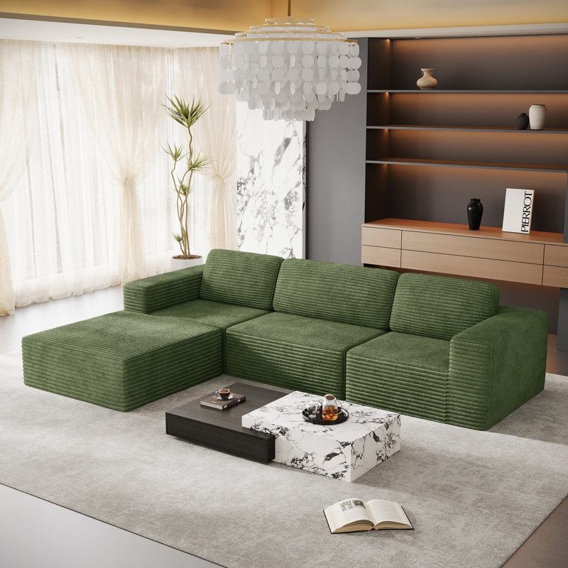 Modular Corduroy 303cm 3-seater Sofa With 1 Ottoman, No Assembly Required, With High Rebound Sponge, Green