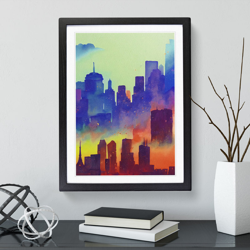 City Skyline In Colour No.4 Abstract - Single Picture Frame Painting, 64cm H x 46cm W x 2cm D, Black