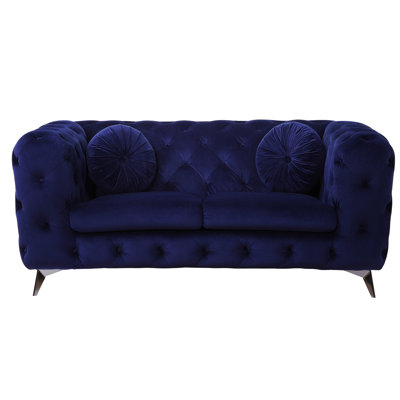 Velours bleu, dossier en forme de kd, coussin de siège de 23 po x 23 po x 5 po, structure en bois, boutons et accoudoirs, pieds en métal de 6 po, capacité de 220 lb, siège à ressorts ensachés, coutures à motif de losanges